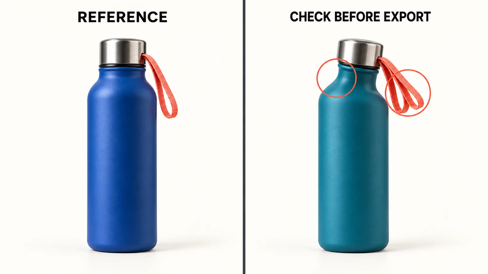 Illustrative comparison between the reference bottle and a deliberately flawed version with altered color, neck and carry loop