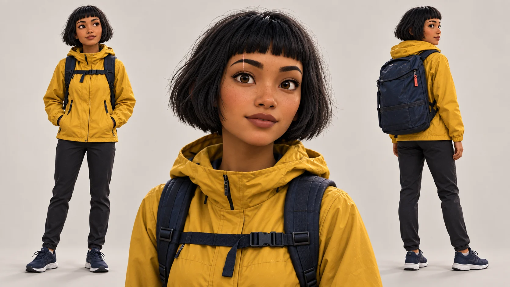 Illustrative character reference sheet showing Tess in front, portrait and backpack views