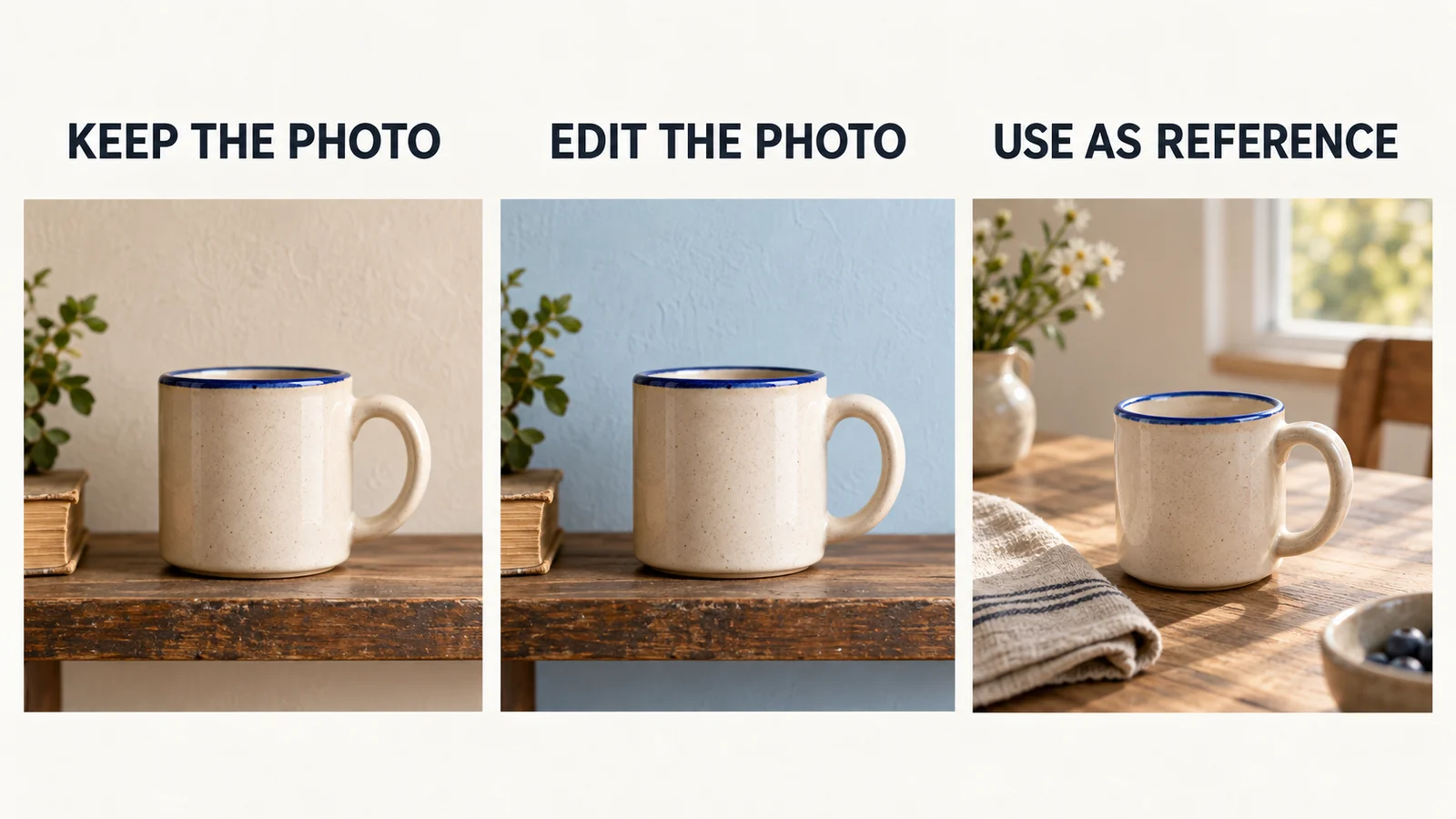 Three illustrative mug photographs compare keeping an original composition, editing its background, and creating a new scene from a reference.