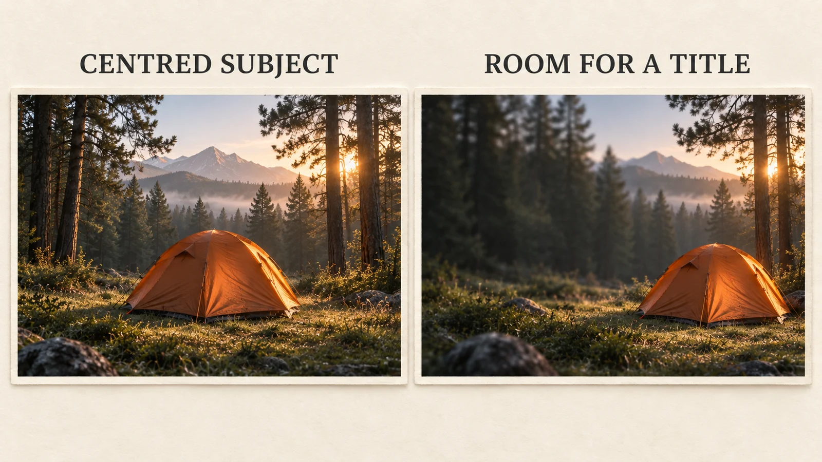 Two illustrated camping compositions compare a centered orange tent with a tent placed to the right, leaving open space on the left for a title.